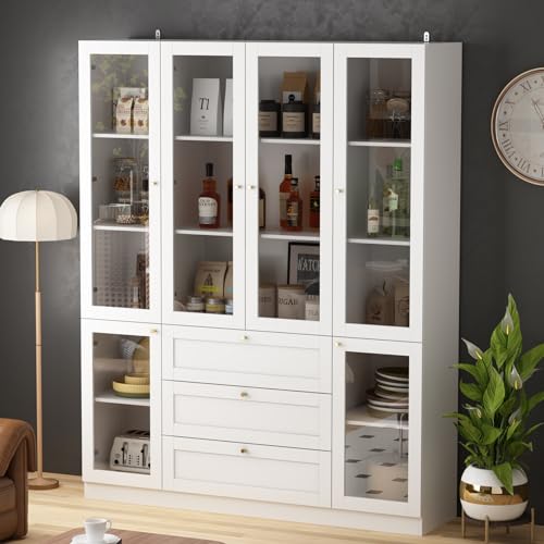 Hitow 78.7" Tall Curio Cabinet Acrylic Storage Cabinet with 5-Tier Shelf & 3 Drawer, Display Bookshelf Bookcase with 6 Acrylic Glass Doors