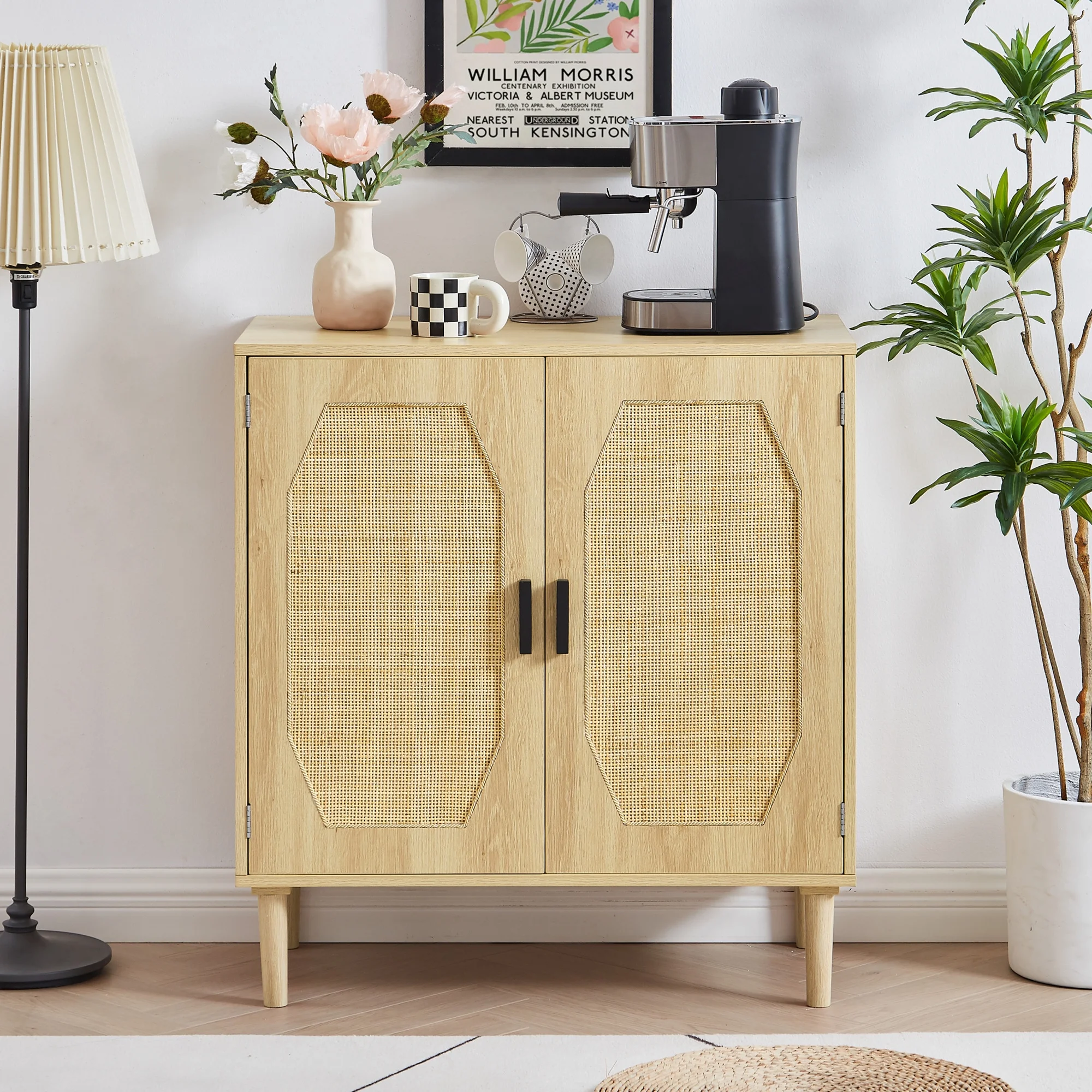 Modern Style Kitchen Storage Cabinet with Rattan Decorative Doors, Buffet, Natural, 31.5''W x 15.8''D x 34.6H.