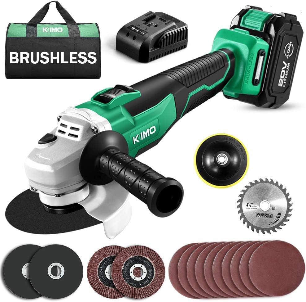 Cordless Grinder - KIMO 20V Cordless Angle Grinder w/ 4.0Ah Li-Ion Battery & Charger, 9000RPM Brushless Motor, 4-1/2'' Blade, Electric Brake