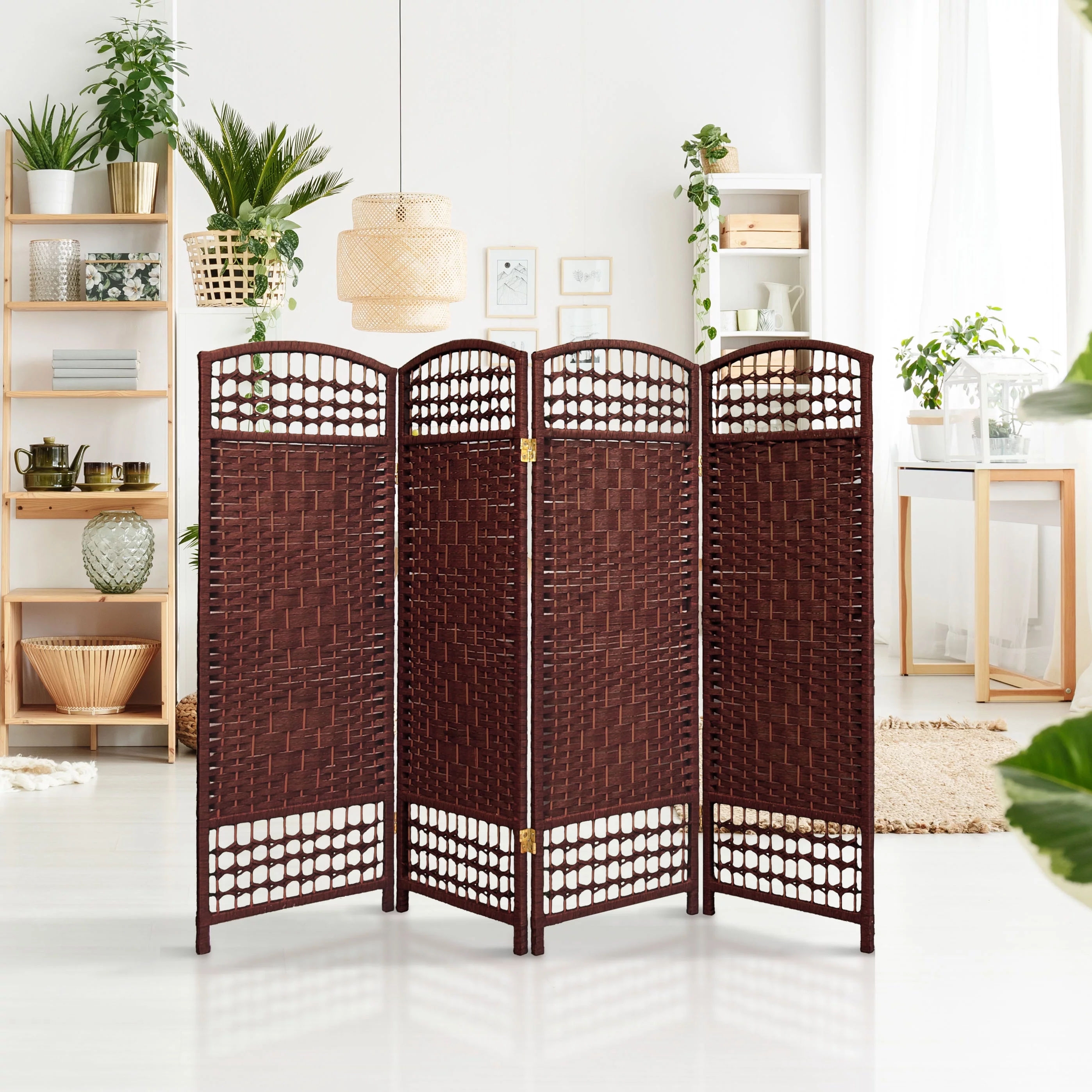 Oriental Furniture 4 ft. Tall Fiber Weave Room Divider - Dark Red - 4 Panel