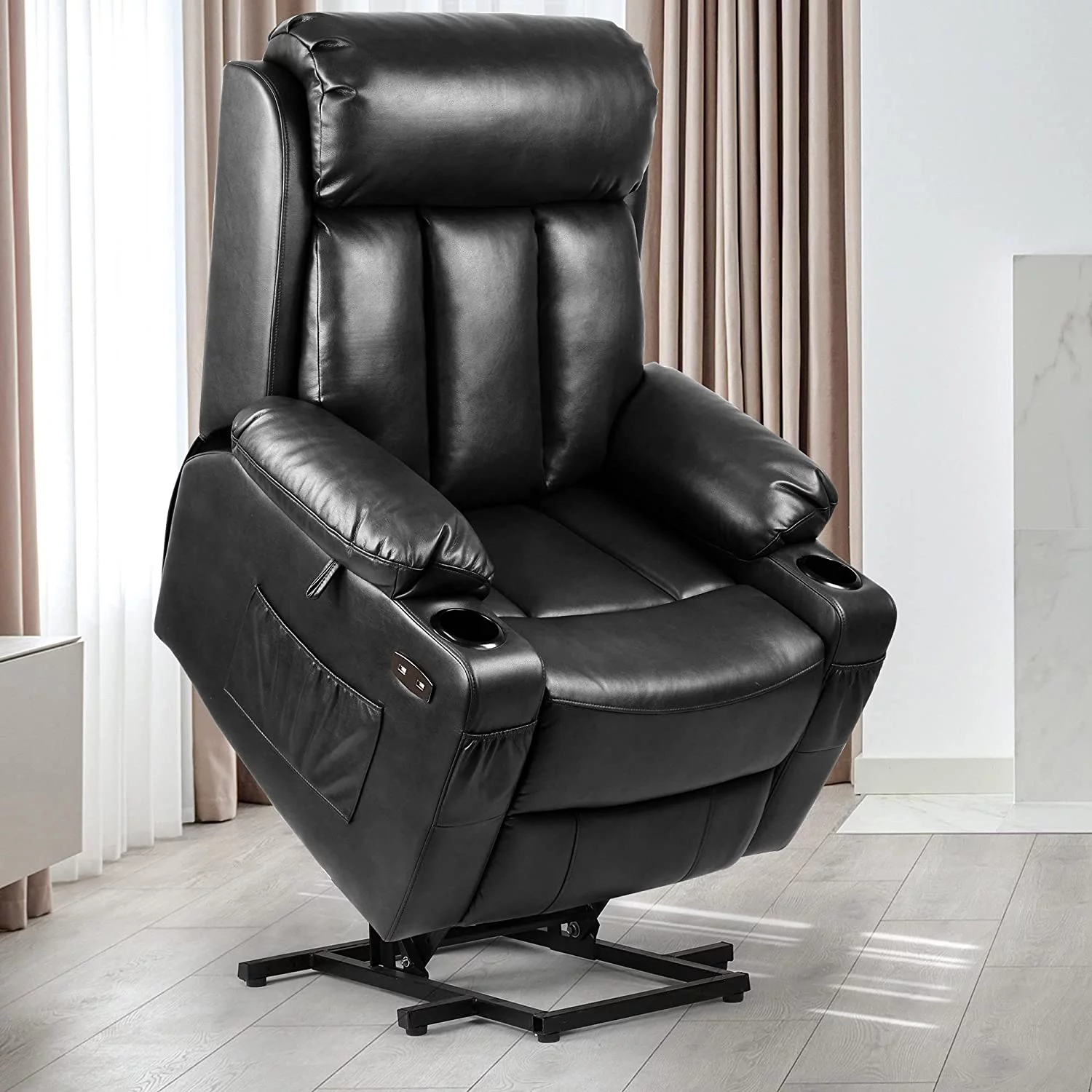 DWVO Power Lift Recliner Chair with Extended Footrest , Faux Leather Recliner Chair with Massage Heat, Remote Control for Living Room ,Black