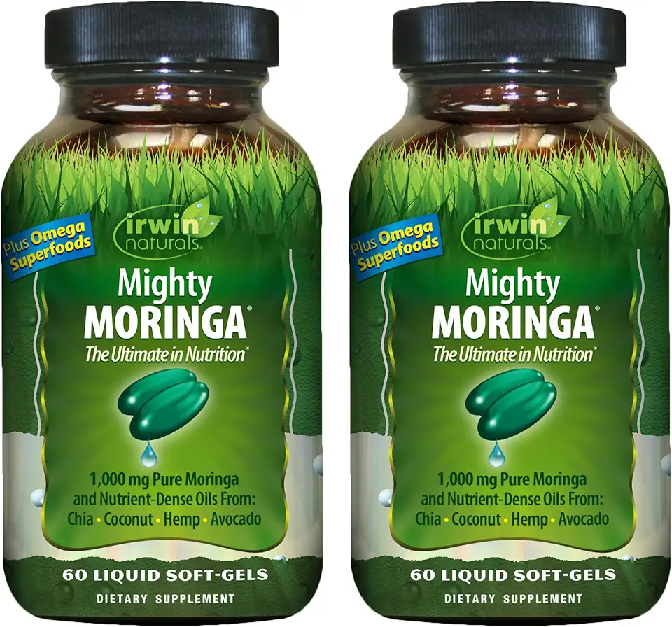 Irwin Naturals Mighty Moringa 1,000 mg - 60 Liquid Softgels, Pack of 2 - with Chia, Coconut, Hemp, Avocado & Omega Superfoods - 60 Total Servings