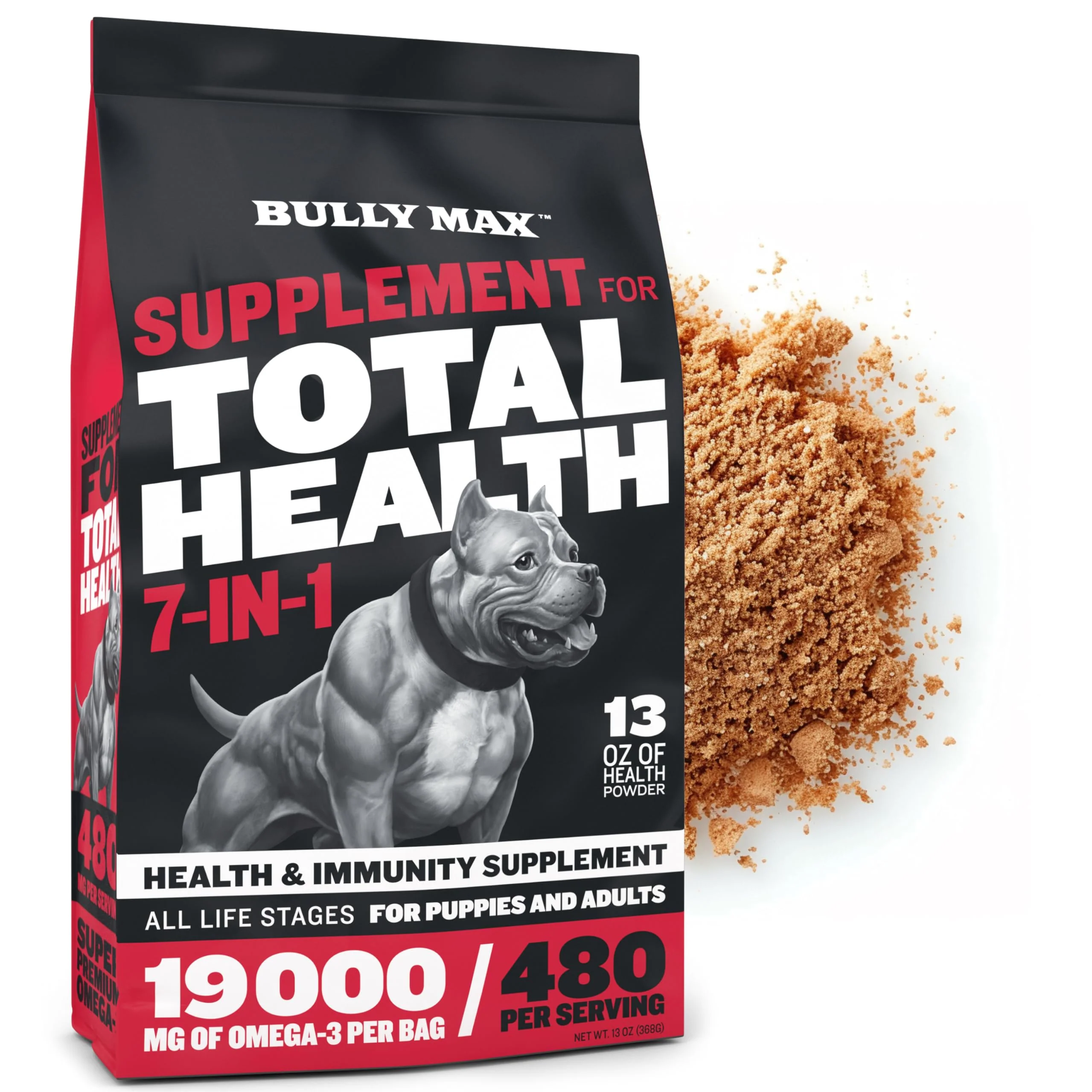 Bully Max 7-in-1 Total Health & Immunity Dog Multivitamin Powder - Puppy & Adult Dog Vitamins - Omega 3 Vitamin Supplements for Immune System, Heart