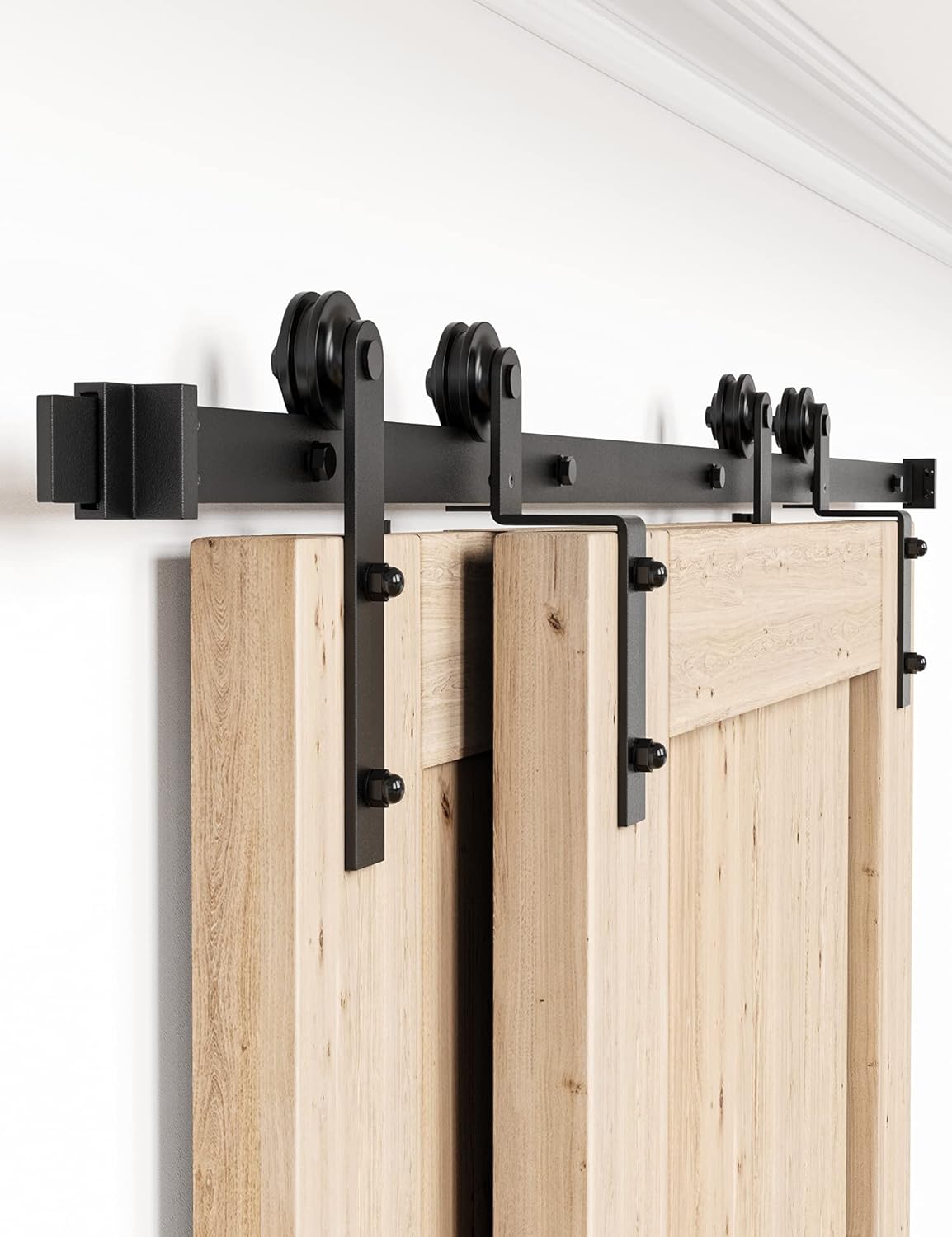 WINSOON 5FT Single Track Bypass Sliding Barn Door Hardware Kit for Double Doors, Low Ceiling, Easy Mount, Heavy Duty, Slide Quietly and Smoothly