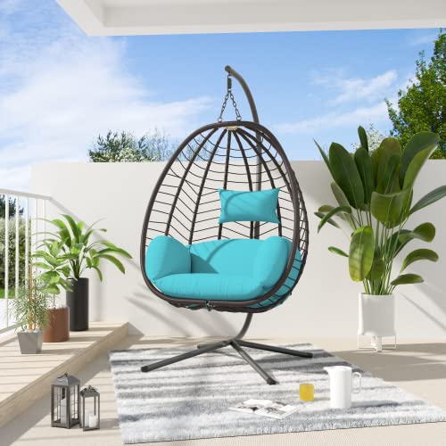 ALAULM Egg Swing Chair Outdoor Indoor Wicker Rattan Hanging Chair with Stand 350lbs Capacity w/Strong Frame & Blue Cushions for Patio Balcony Bedroom