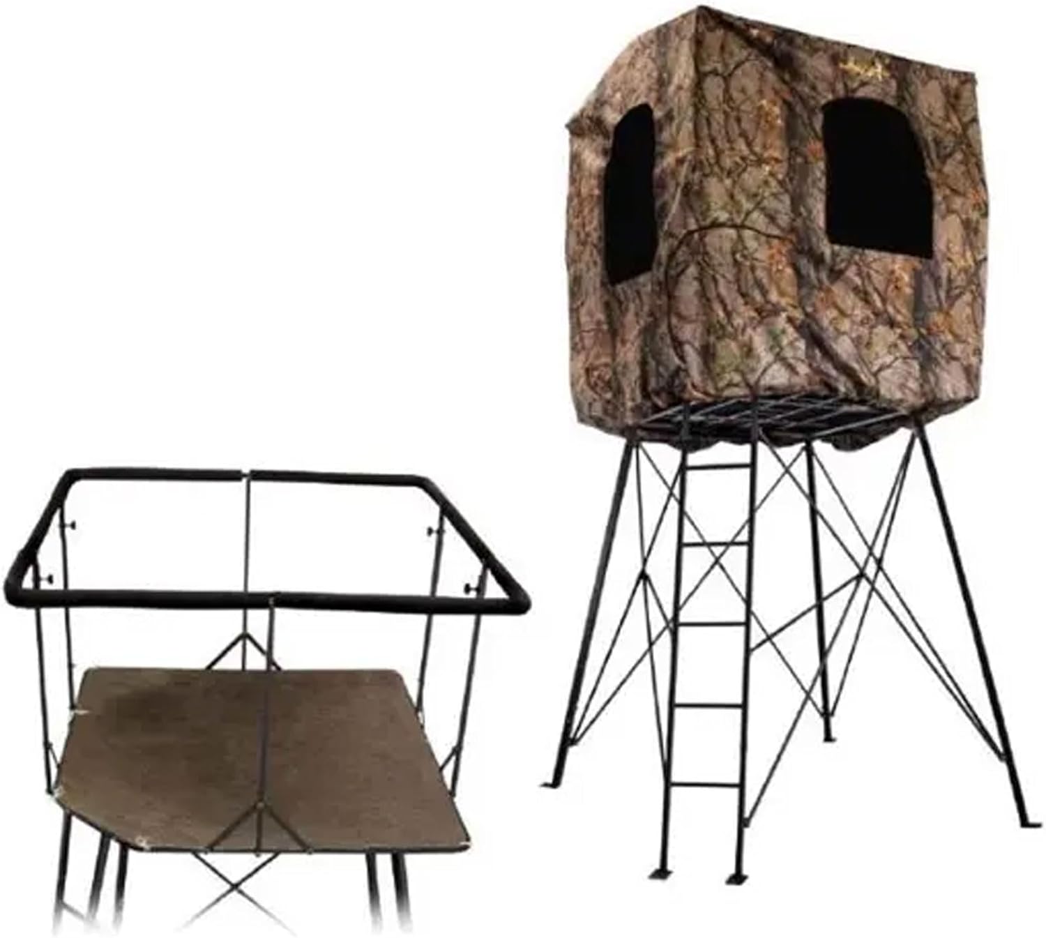 12' Quad Pod - Durable Steel 500 Pound Capacity Hunting Outdoor Platform with 360-degree Padded 36" H Shooting Rail & Carpeted Floor Pad