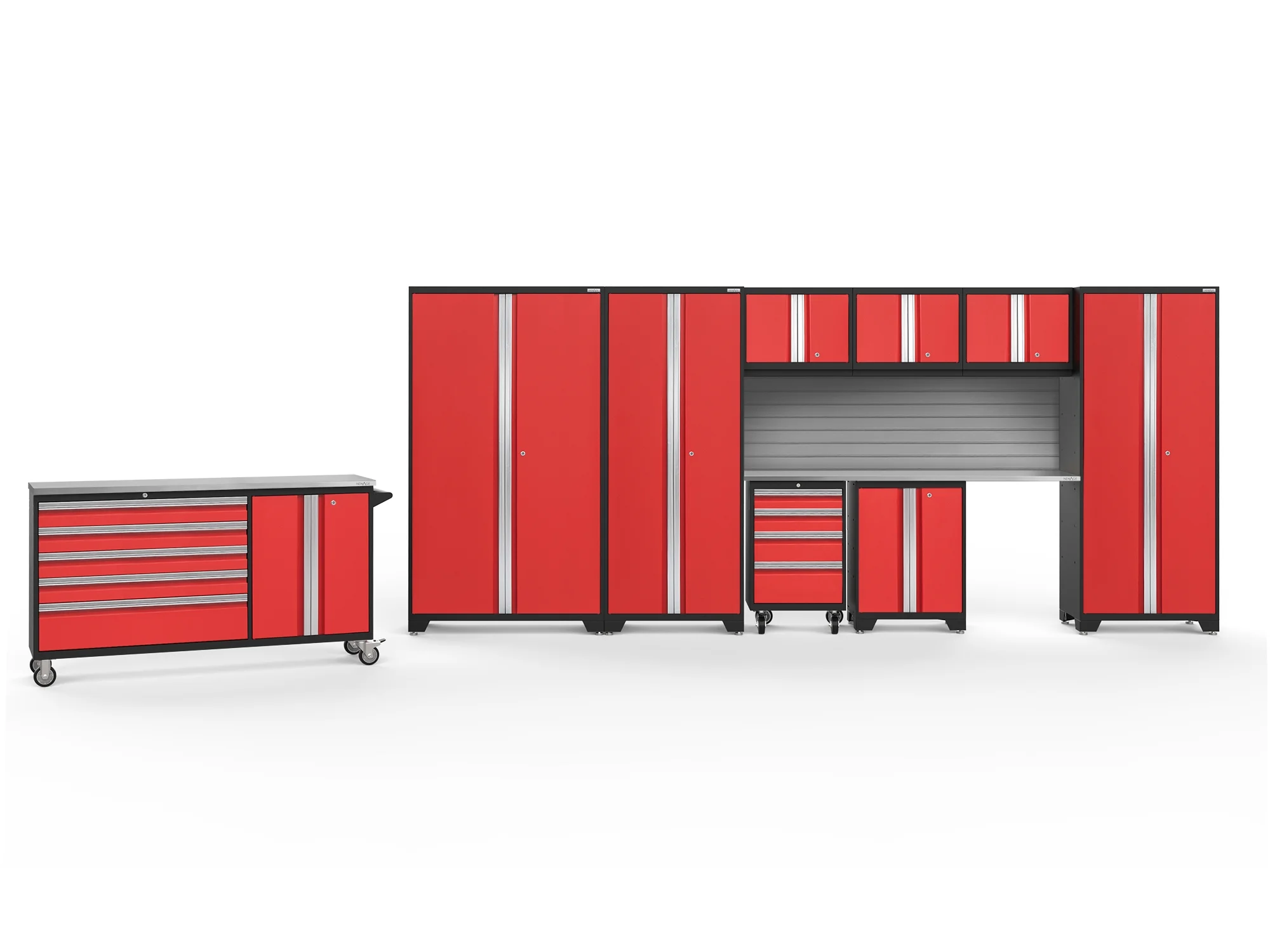 NewAge Products Bold Series Red 10 Piece Cabinet Set, Heavy Duty 24-Gauge Steel Garage Storage System, Slatwall Included - Curated Treasures Market