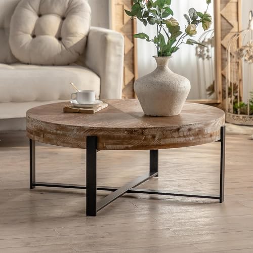 Antique Round Coffee Table Solid Wood Coffee Table, 31.29 inch Farmhouse Coffee Table with Cross Metal Base