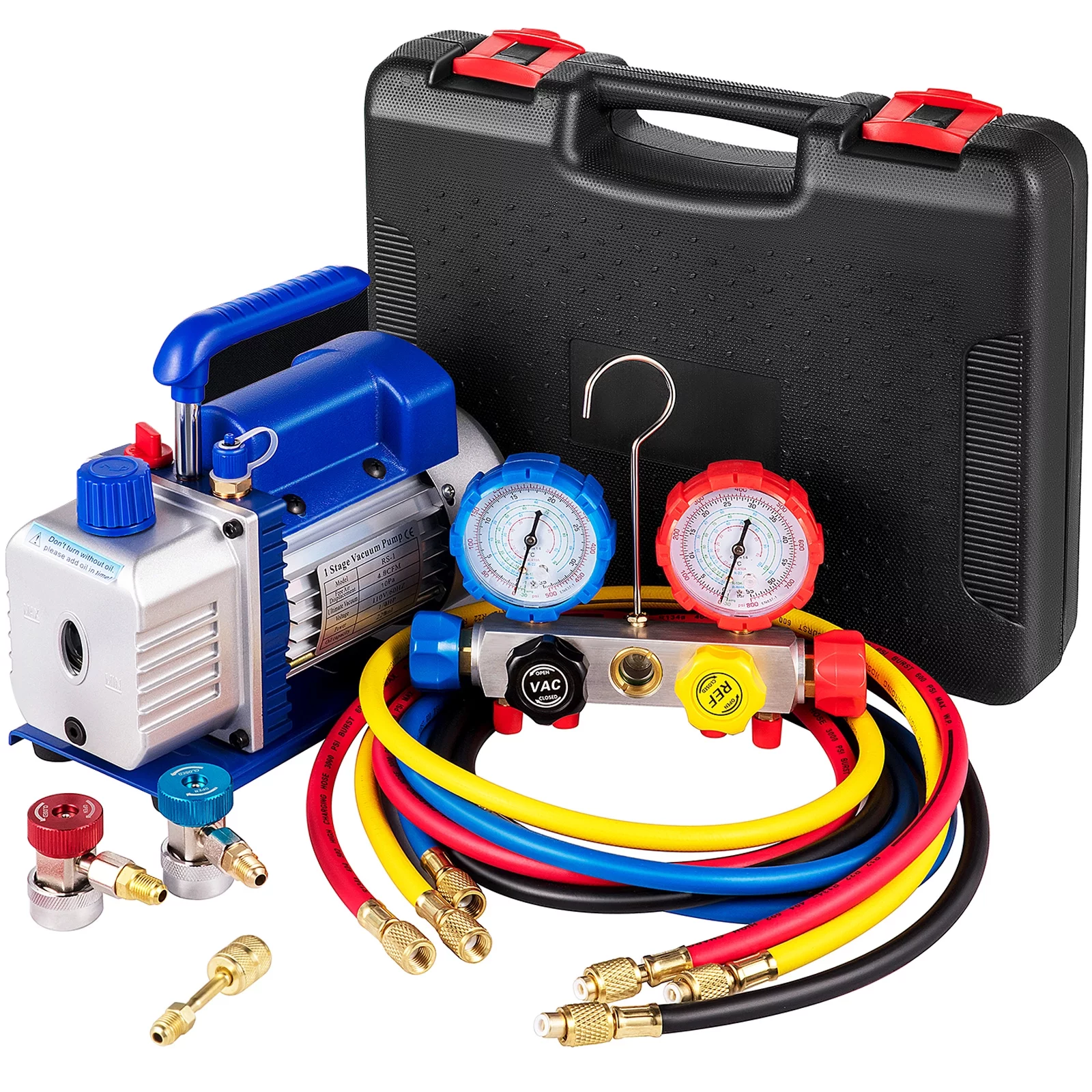 VEVOR Vacuum Pump 4.8CFM 1/4 HP Single Stage HVAC A/C Refrigeration Kit 5PA Ultimate Vacuum Manifold Gauge Set R410A R134A R22 HVAC AC