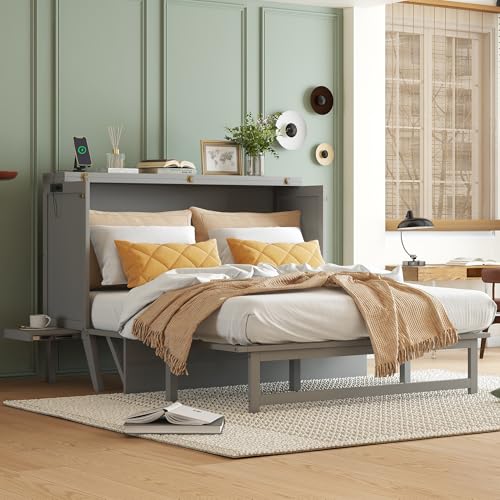 KEIKI Queen Size Cabinet Murphy Bed with Charging Station, Drawers, Removable Shelves, Multiple Storage Foldable Hideaway Wall Murphy Bed Frame