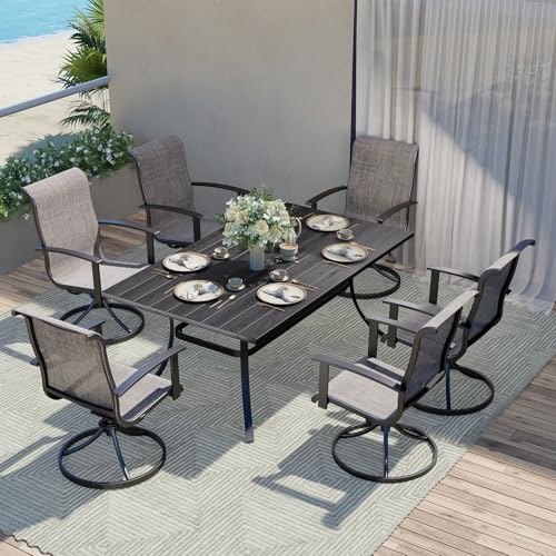 Grand patio 7-Piece Patio Dining Set for 6, Outdoor Dining Set with Swiviel Patio Chairs & 1 Rectangular Woodgrain Dining Table with Umbrella Hole