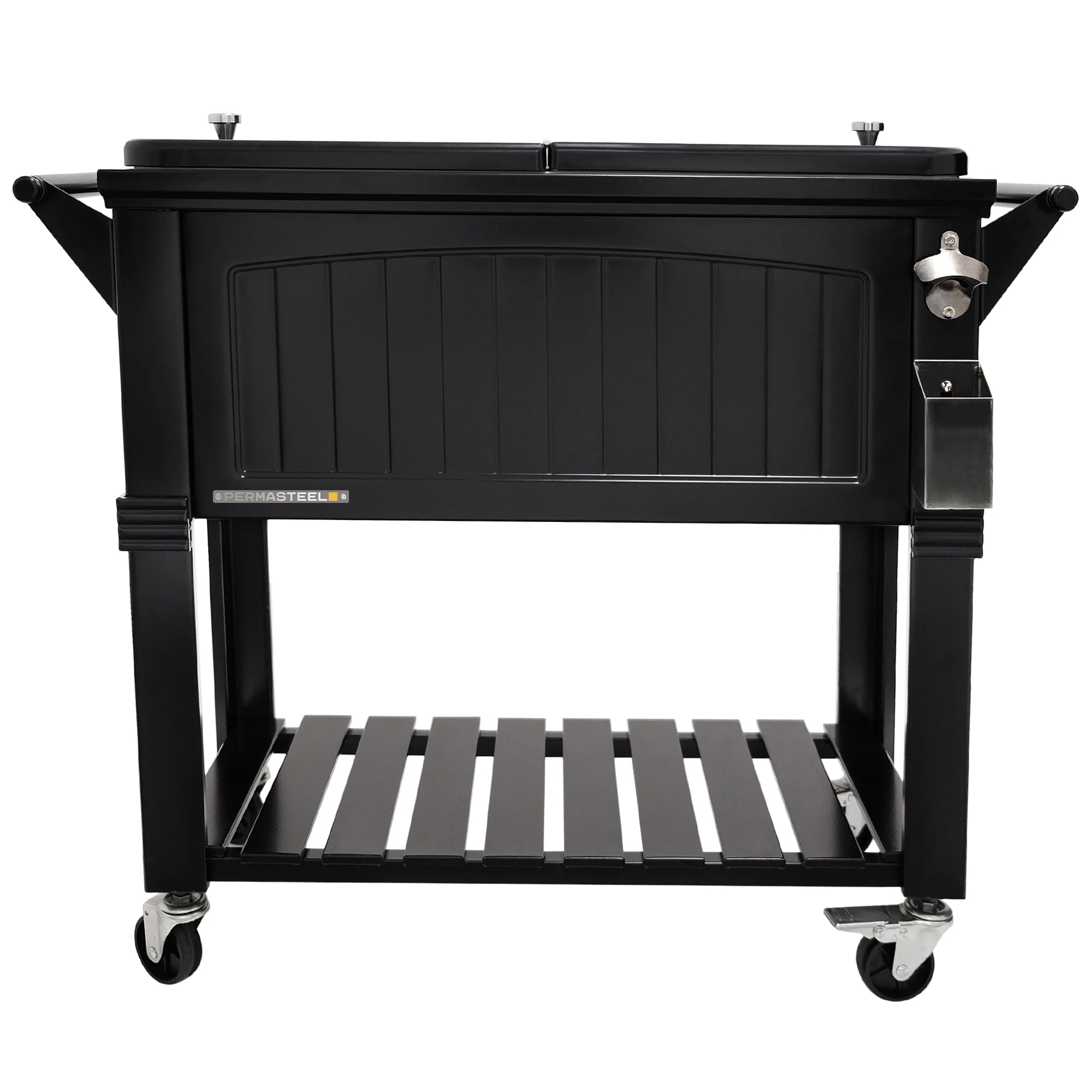 Permasteel 80-Qt Antique Outdoor Steel Patio Cooler on Wheels, Rolling Cooler Cart, Wooden Teak Style, Black