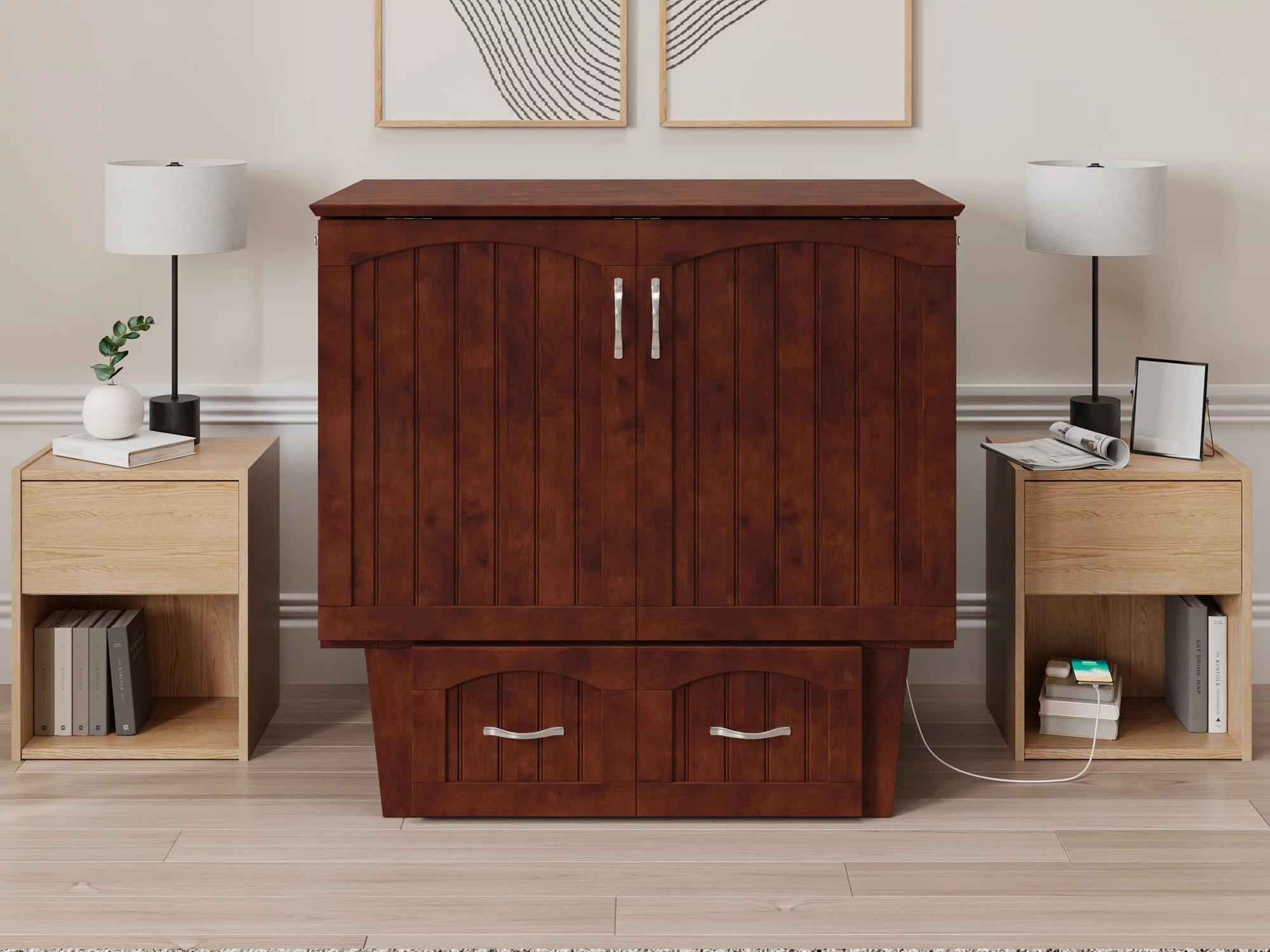 AFI Sydney Twin Solid Wood Murphy Bed Chest with Mattress, Drawer & Charger, Walnut