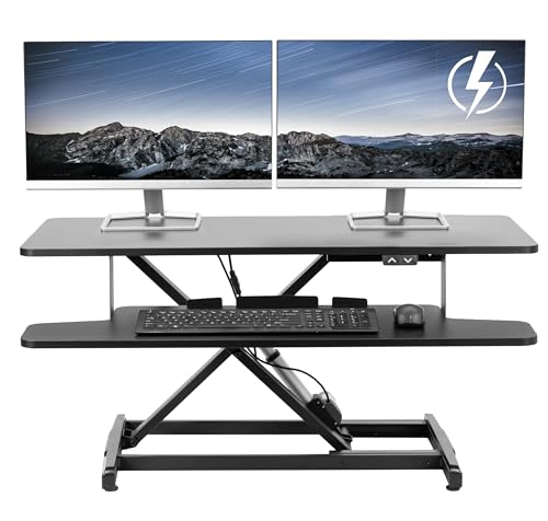 VIVO 42 inch Electric Motor Desk Converter, Height Adjustable Riser, Sit to Stand Dual Monitor and Laptop Workstation with Wide Keyboard Tray, Black