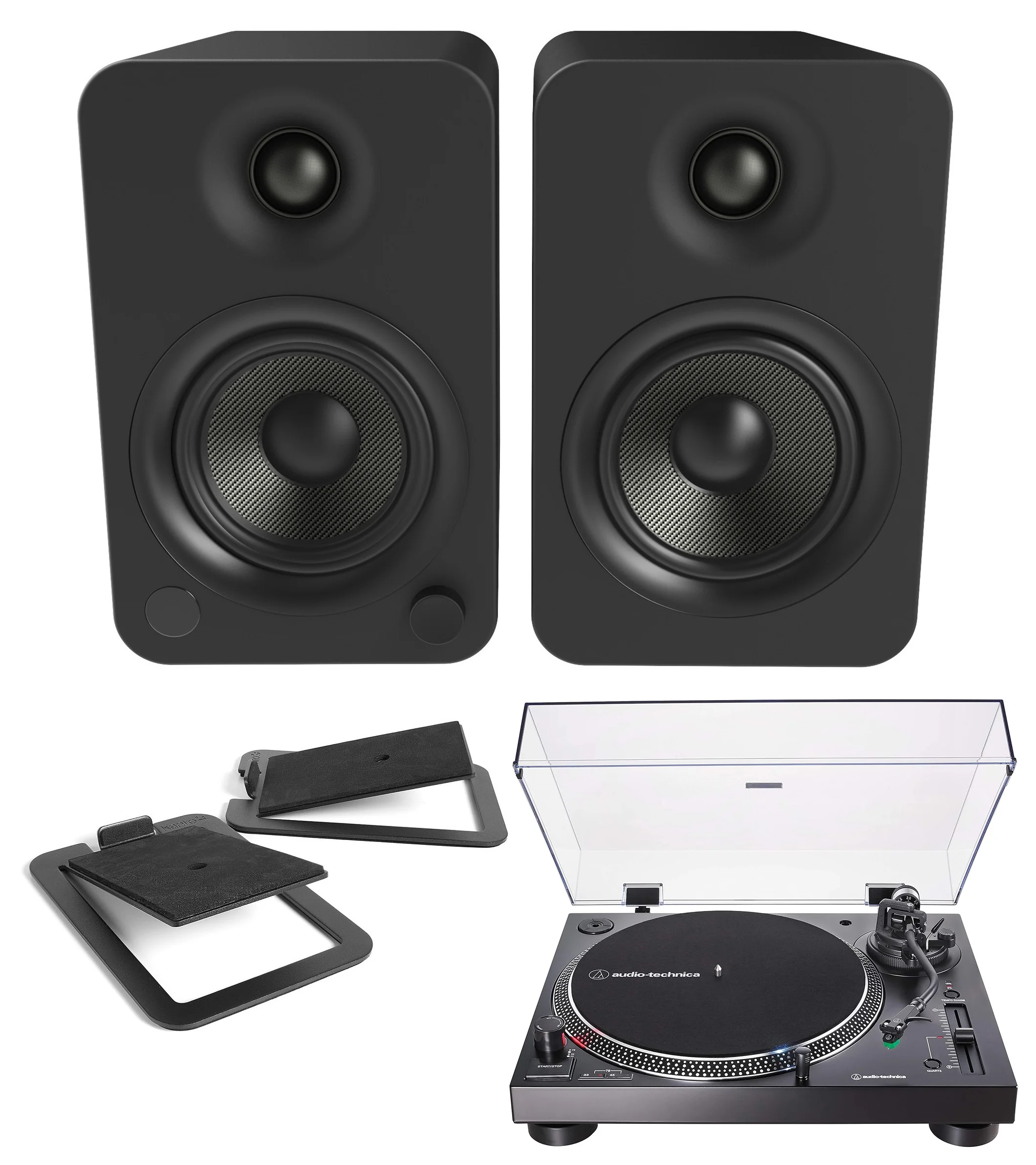 Kanto YU4MB 140W Bookshelf Speakers with Bluetooth with Kanto S4 Angled Desktop Speaker Stands for Medium Speakers and an AT-LP120XUSB-BK