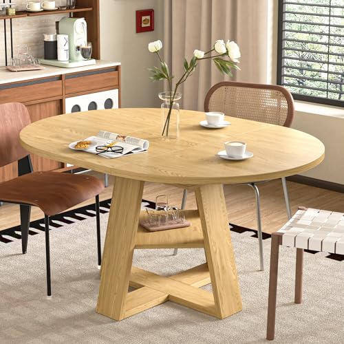 43.3in-59in Extendable Round Dining Table for 4-8,Modern Kitchen Oval Dining Table with Removable Leaves Space Saving