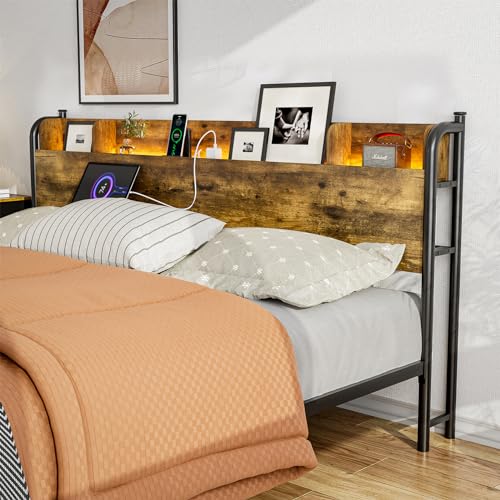 California King Size LED Storage Headboard, Metal Cal King Headboard Only with Charging Station & LED Lights, Height Adjustable