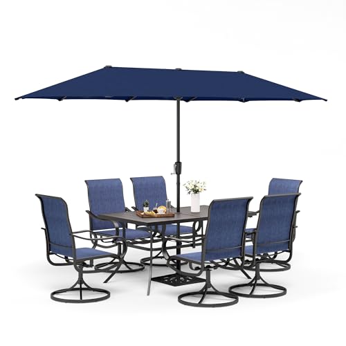 MFSTUDIO 8 Piece Patio Dining Set with Umbrella, All Weather Outdoor Furniture Set with 6 Grey Sling Swivel Chairs