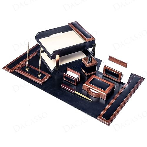 Dacasso Walnut & Black Leather Desk Set - 10 Piece Desk Organization Essentials with Desk Pad - Luxury Executive Desk Decor & Office Organization