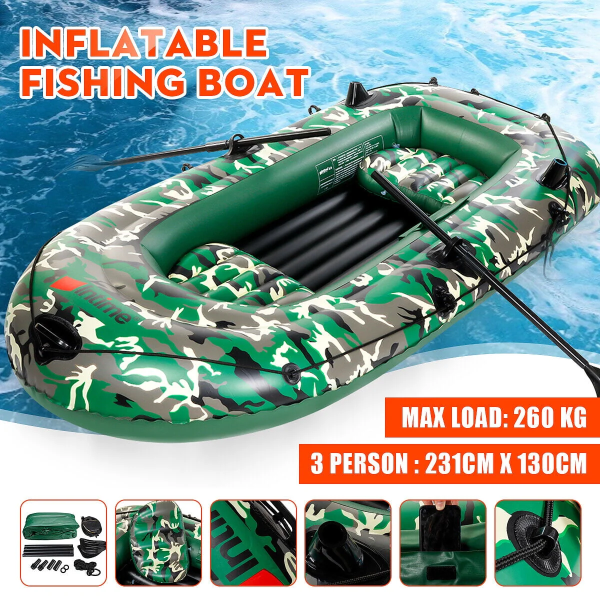 Inflatable Fishing Rowing Boat 3-Person PVC Dinghy Kayak Raft With Paddle Oars USA