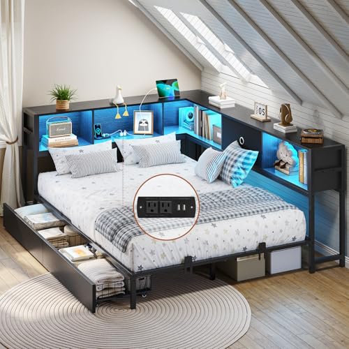 DICTAC Corner Full Bed Frame with Bookcase Storage and Led Lights Full Size Metal Platform Bed Frame with Storage Drawers & Charging Station Full