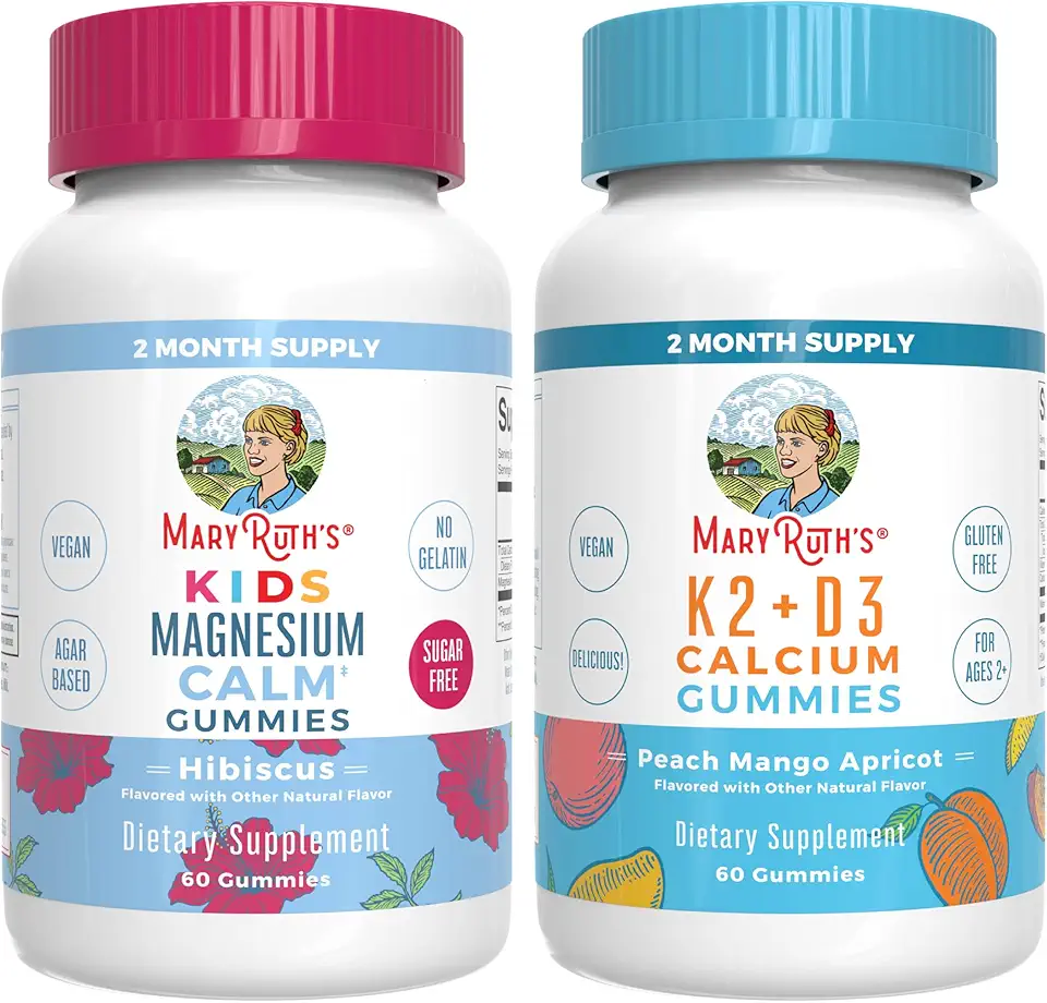 MaryRuth's Kids Magnesium Calm Gummies (Hibiscus) & Vitamin K2+D3 Gummies (Peach Mango & Apricot) | No Gelatin! | Vitamins for Sleep, Bone Support