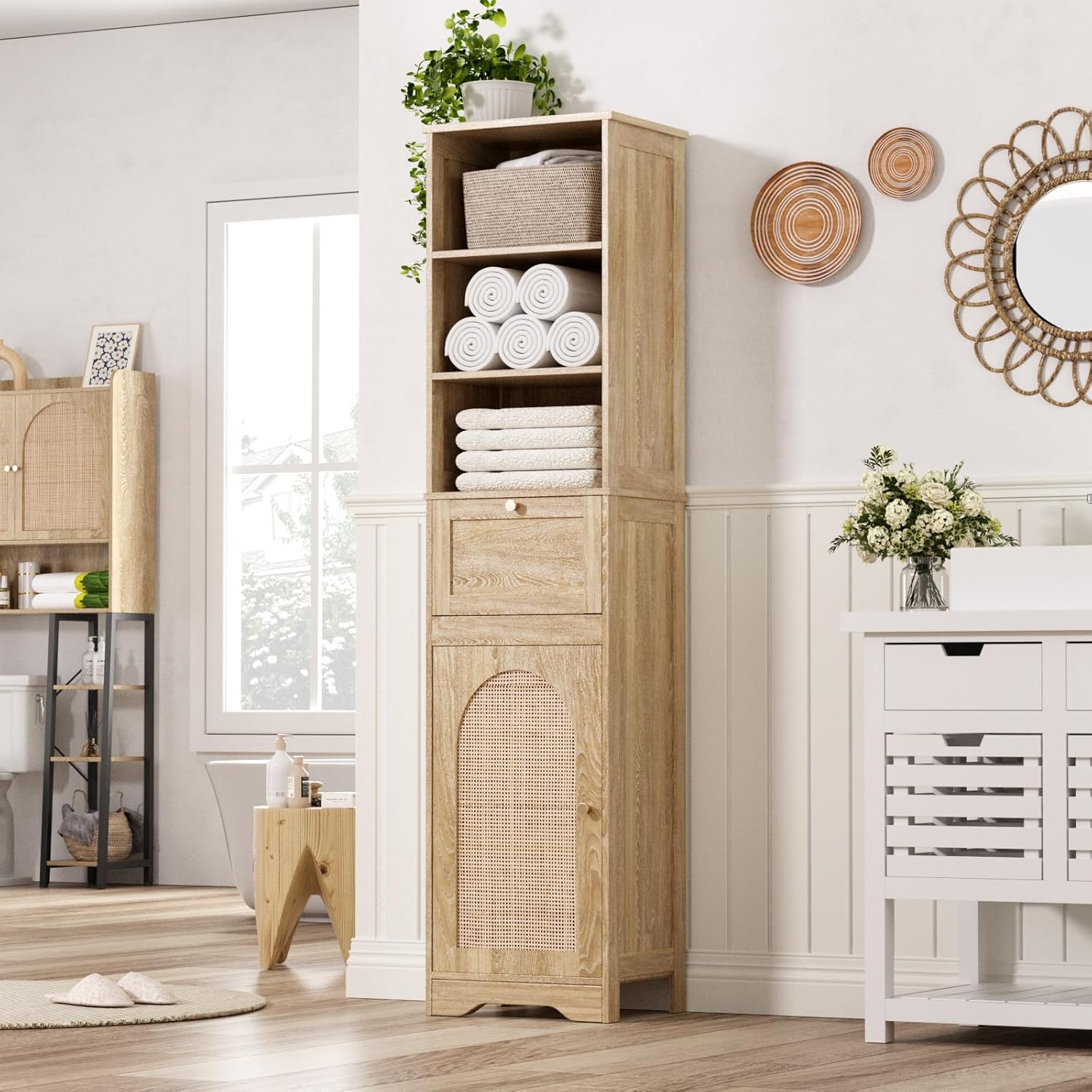 67''H Linen Bathroom Storage Cabinet with Rattan Doors & Drawer, Tall Narrow Standing Tower Cabinet with Adjustable Shelves