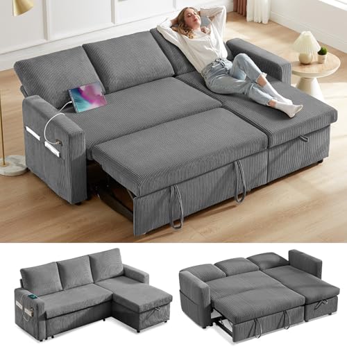 81" Sleeper Sofa Bed with Pull Out Bed, L Shaped Couch Sectional Sleeper Sofa, Pull Out Couch with Reclining Backrest, Reversible Storage Chaise