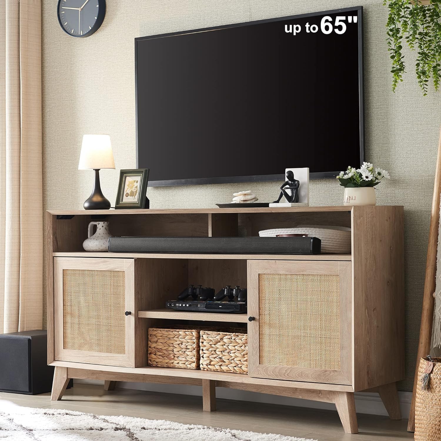 TV Stand for 65+ Inch TV, 32'' Tall Highboy Entertainment Center, Mid Century Modern Media TV Console with Natural Rattan Door, Adjustable Shelves