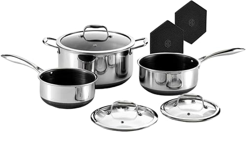 HexClad Hybrid Nonstick 6-Piece Pot Set with Trivets, 2, 3, and 8-Quart Pots with Tempered Glass Lids, 2 Silicone Trivets Included, Dishwasher Safe