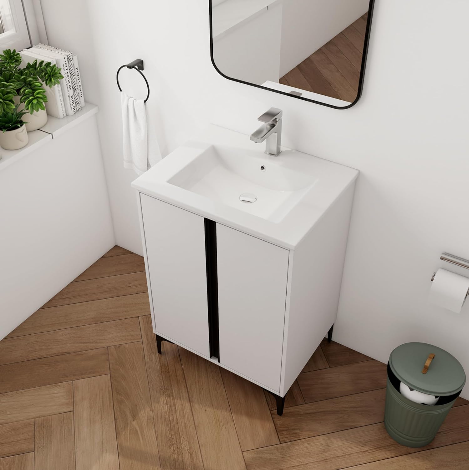 24" Bathroom Vanity with Ceramic Sink, 24 Inch Freestanding Bathroom Vanity, Single Sink Bathroom Vanity Combo, Mordern Bathroom Vanity with 2 Doors