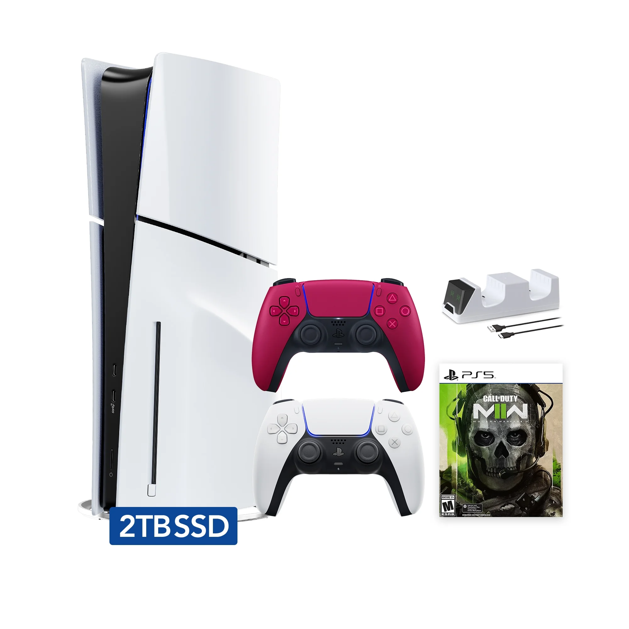 PlayStation 5 Slim Disc 2TB SSD Edition Call of Duty Modern Warfare II Bundle with Two Controllers White and Cosmic Red DualSense and Mytrix Dual