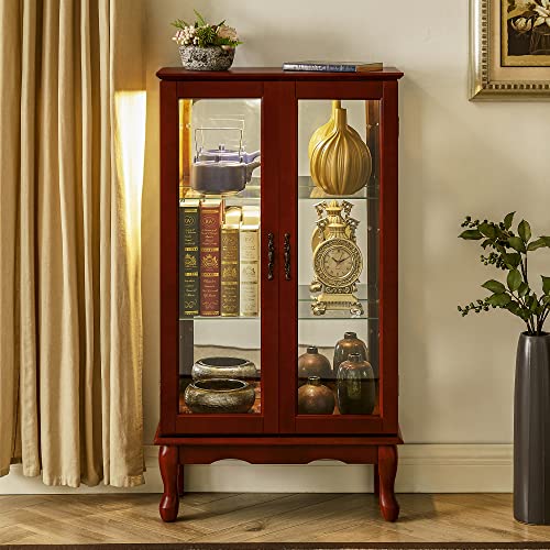 Lighted Wooden Corner Display Curio Cabinet, Curved Shelving Unit with Adjustable Shelves and Mirrored Back Panel, Tempered Glass Doors for Bedroom