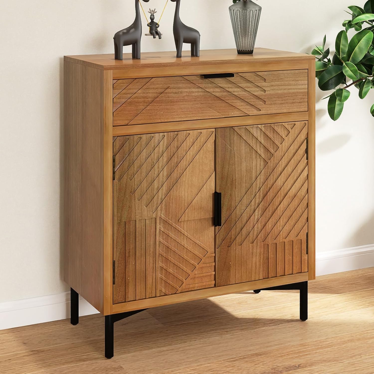 Hand-Carved Sideboard Buffet Cabinet, Storage Cabinet with 1 Drawer and 2-Doors, MDF Buffet Cabinet with Storage