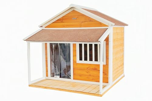 Indoor-Outdoor Wooden Dog House, Porch, Asphalt Roof, Plastic Door Curtain, Ventilation Windows, Brown, Weatherproof, Small to Medium Dog