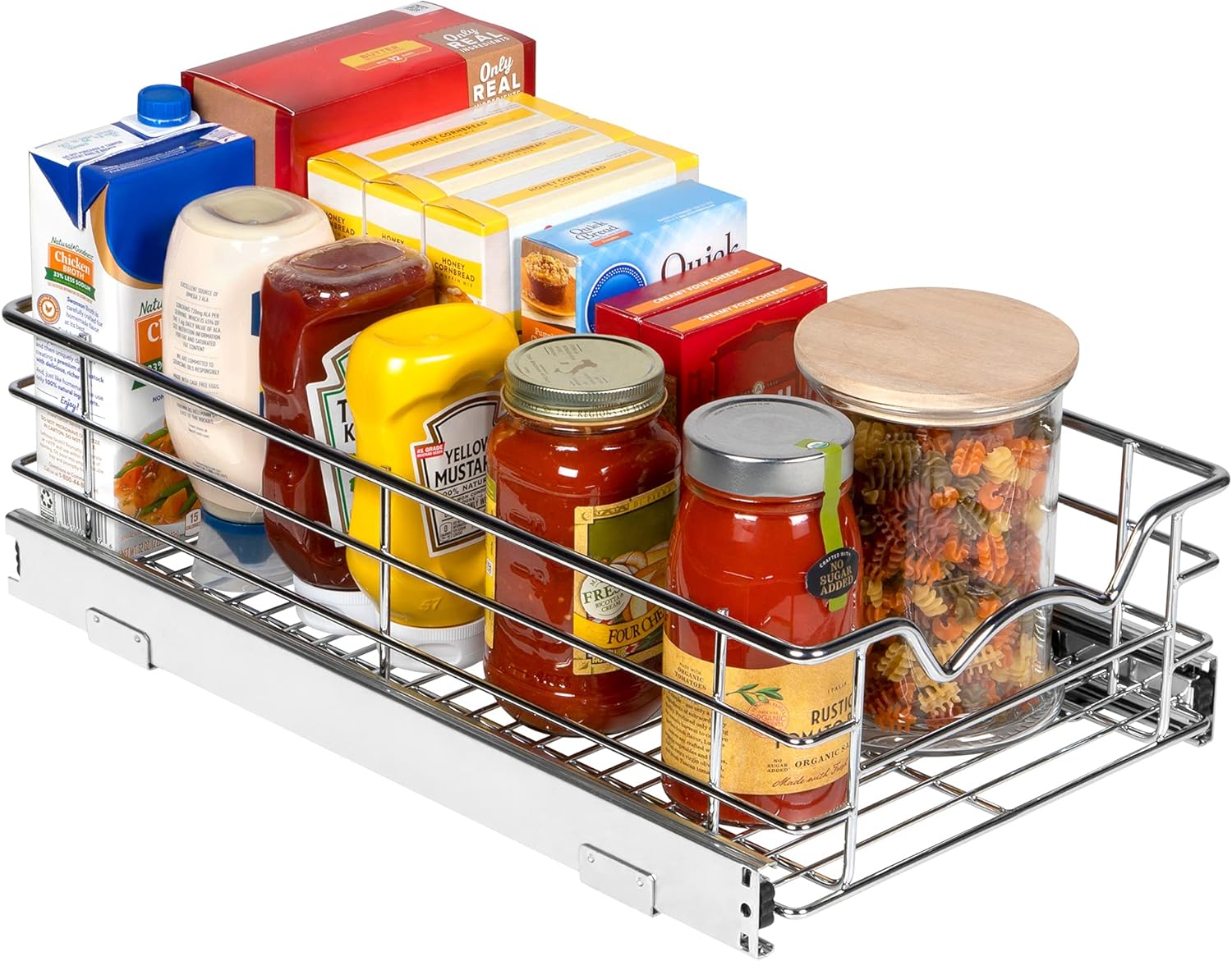 Heavy Duty Pantry Pull Out Cabinet Organizer Basket 5” High –5 Year Limited Warranty- Slide Out Drawer Shelf for Pots, Pans, Cans, jars, Canisters