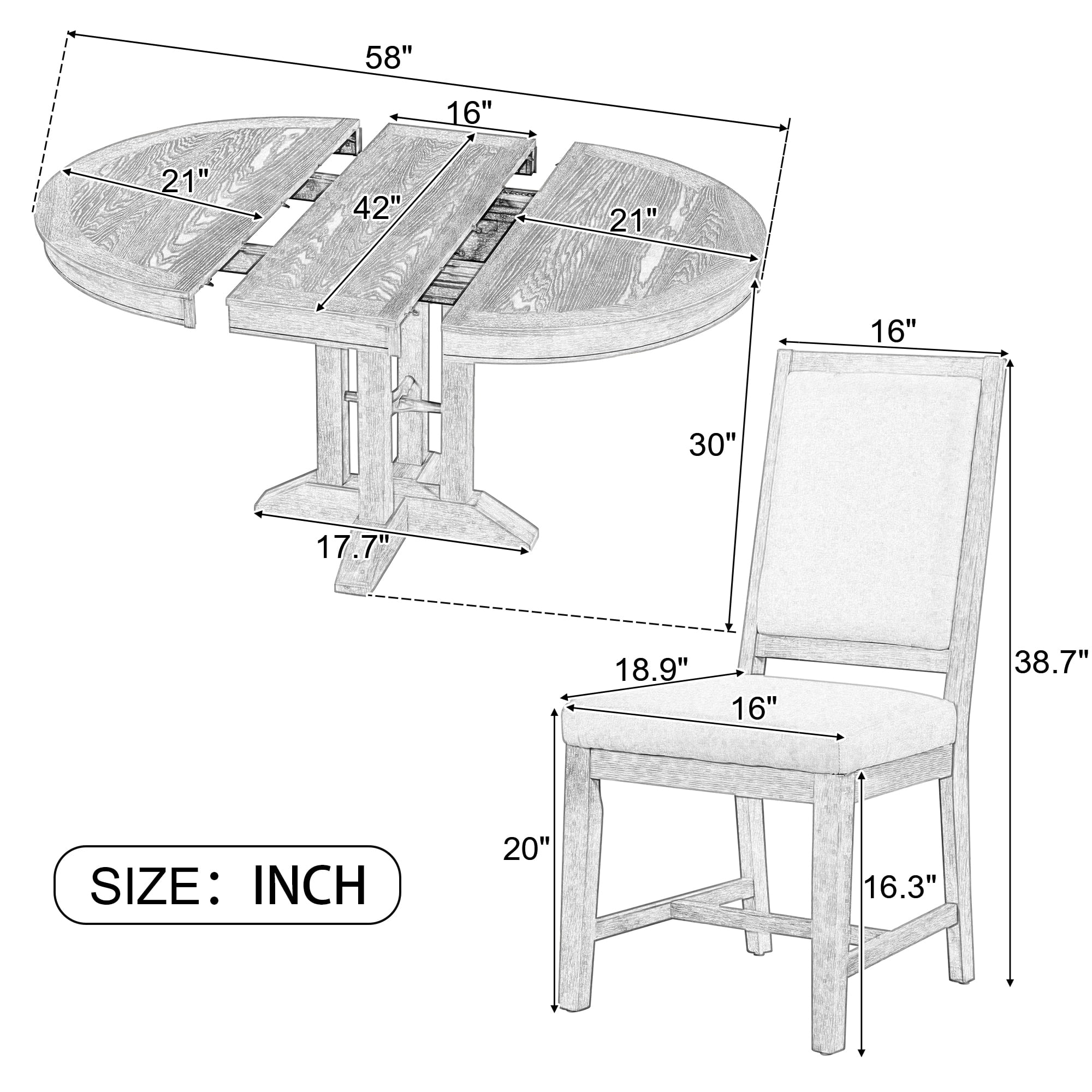 Nestfair  5-Piece Dining Set with Extendable Round Table and 4 Upholstered Chairs Natural Wood Wash