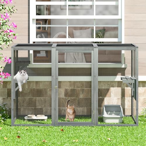 Outdoor Cat Enclosures, Weatherproof Catio for Cats, Large Cat Cage with 3 Platforms and Litter Box, Wooden Cat Crate for Outside