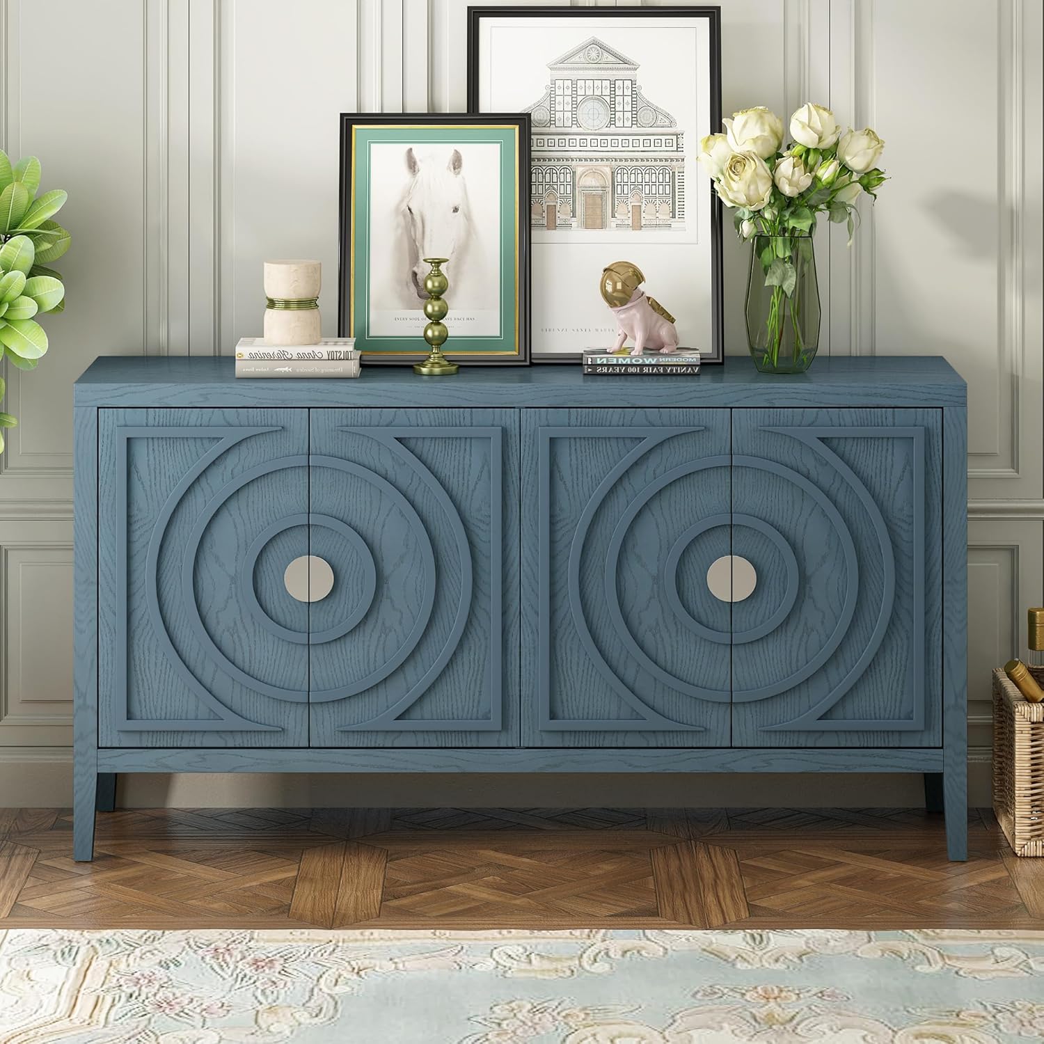 Retro Kitchen Accent Storage Cabinet with Circular Groove Design Door,Round Metal Handle,Sideboard Buffet Cabinet,Cupboard