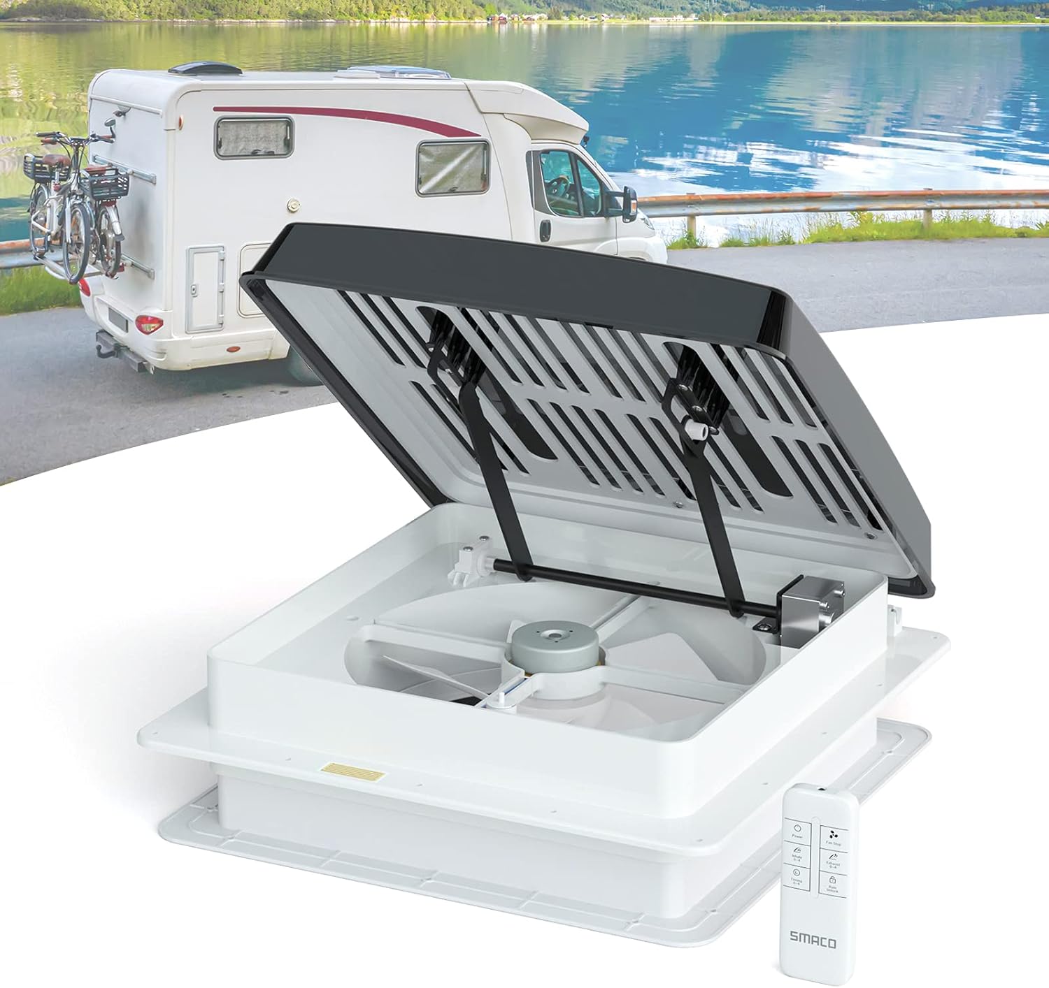 SMACO RV Vent Fan 14 RV Exhaust Fan with Rain Sensor 12V RV Roof Fan with Reversible Airflow 4-Speed RV Bathroom Vent Fan with Intake & Exhaust for