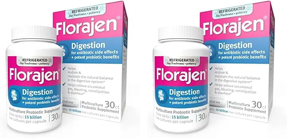 Florajen Digestion Probiotics, Gut Health Supplement with Constipation and Bloating Relief for Adults, 30 Count (Refrigerated) (Pack of 2)
