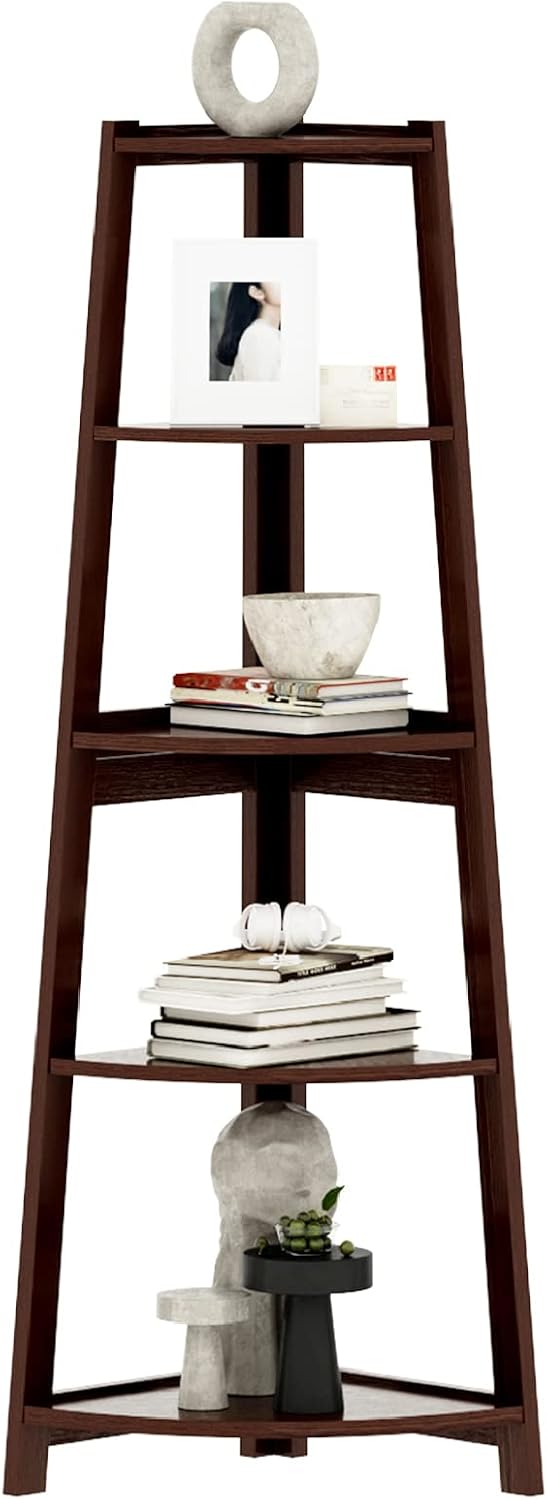 MEETWARM 5 Tier Corner Bookshelf Corner Ladder Shelf Small Bookcase Display Storage Organizer Stand Rack for Living Room Home Office and Kitchen