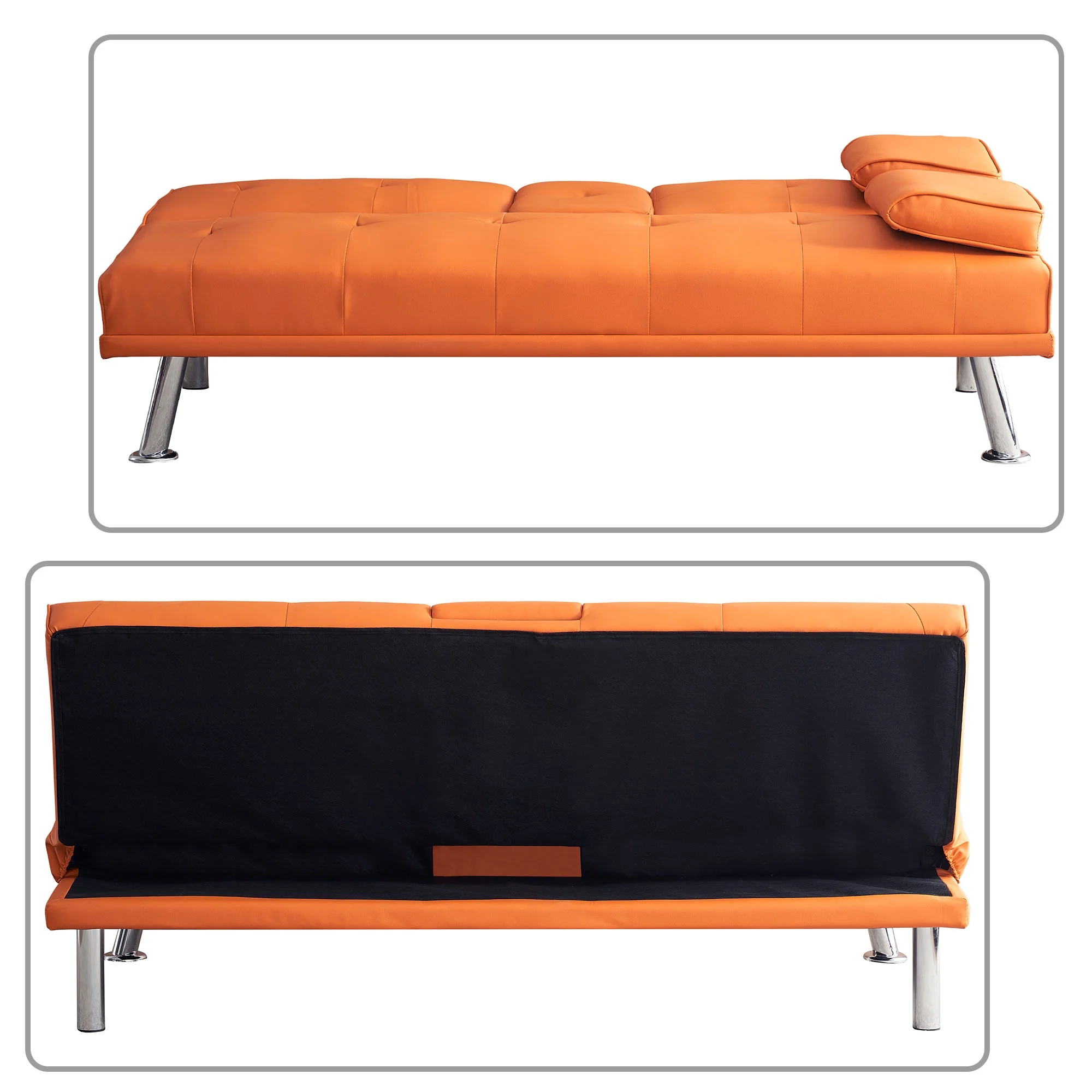 Modern Stylish Faux Leather Upholstered Futon Sofa Bed with Cup Holders, Orange