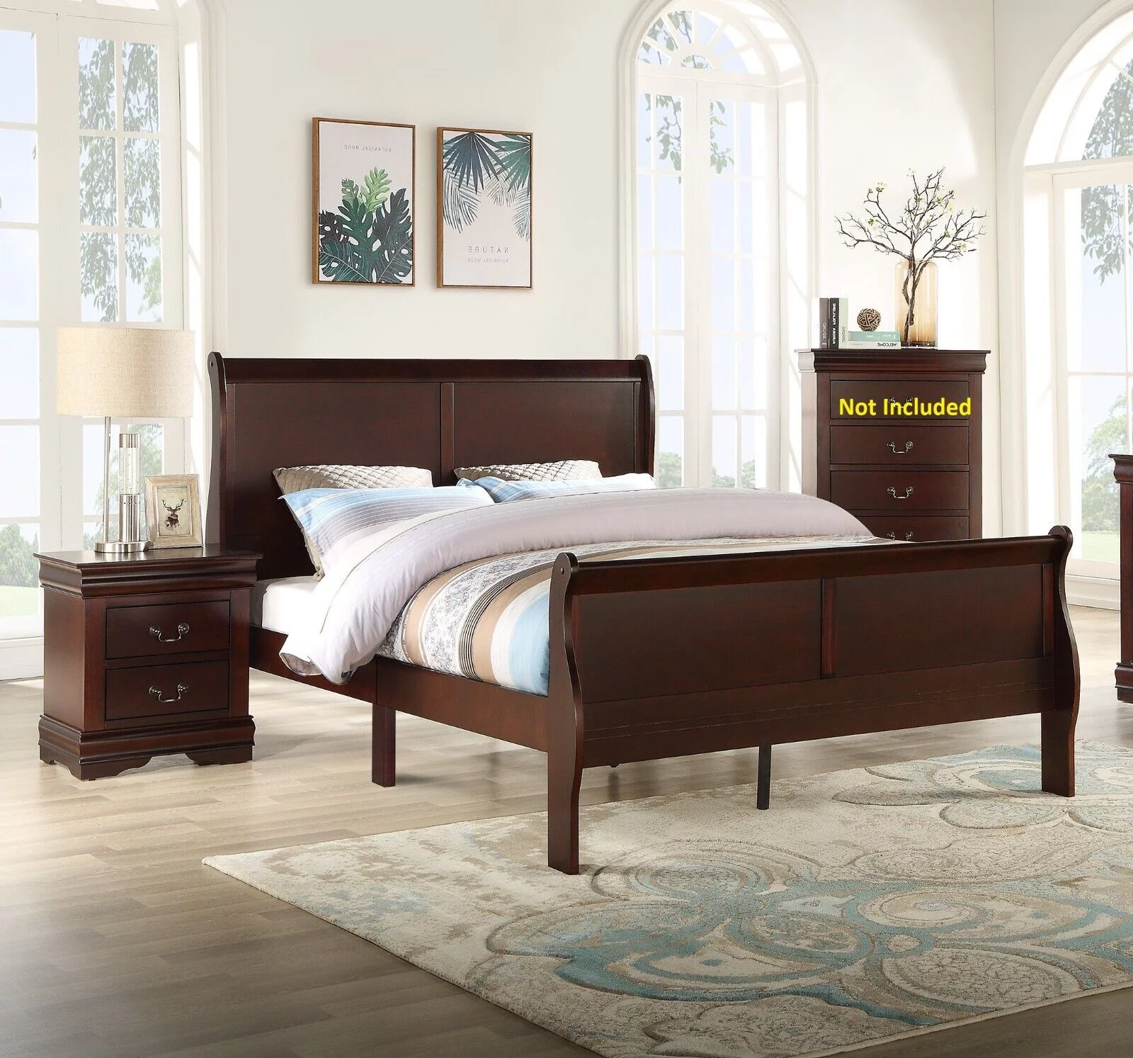 3pc Louis Philip Collection Transitional King Size Bedroom Set Panel Bed and 2x Nightstands Cherry Brown Finish Wooden Furniture
