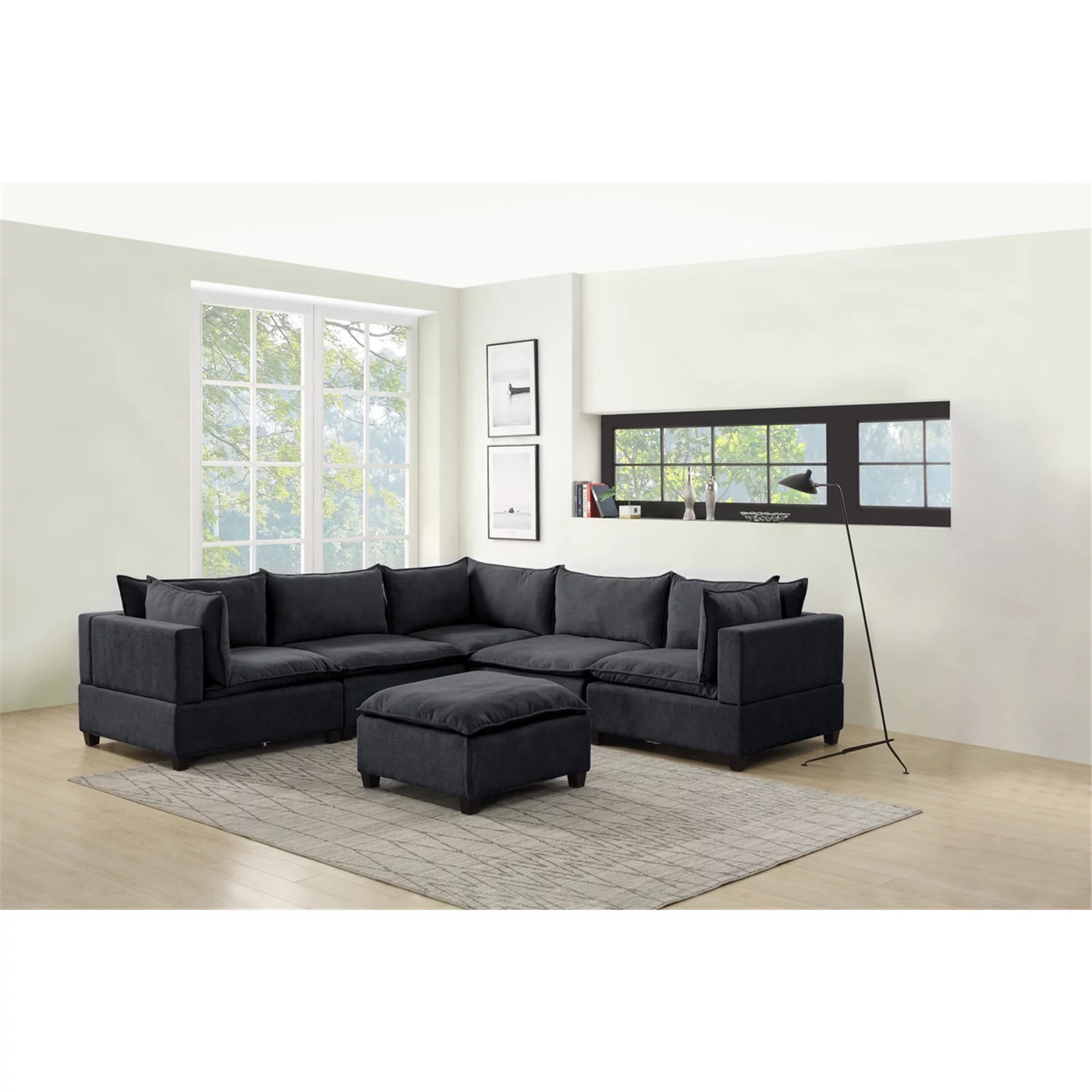 Homestock Handmade Home Dark Gray Fabric 6 Piece Modular Sectional Sofa with Ottoman