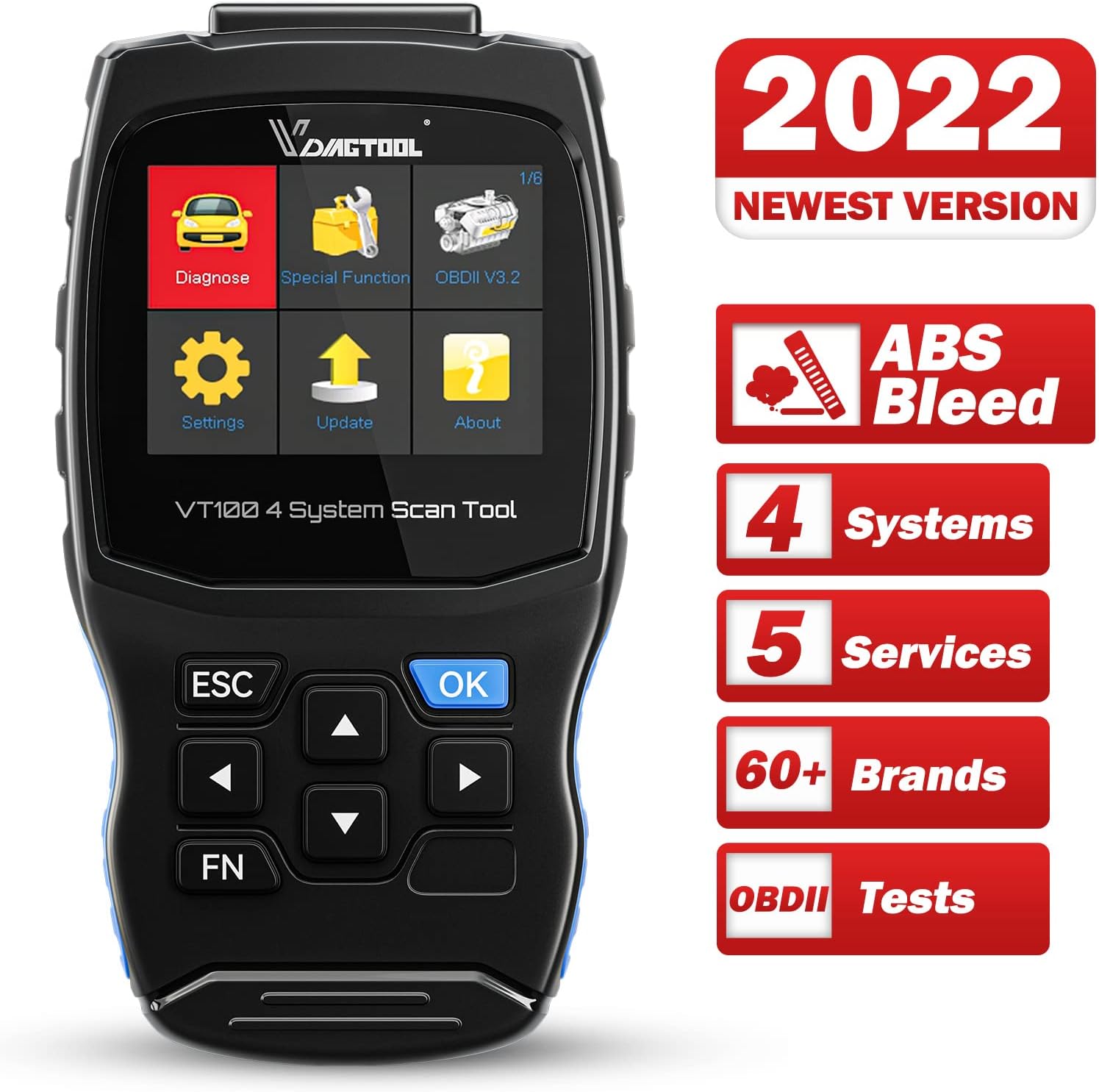 VDIAGTOOL VT100 Scan Tool with ABS Auto Bleed, ABS Brake Bleeding Scan Tool, 4 Systems OBD2 Scanner for ABS/SRS/Transmission/Engine Check