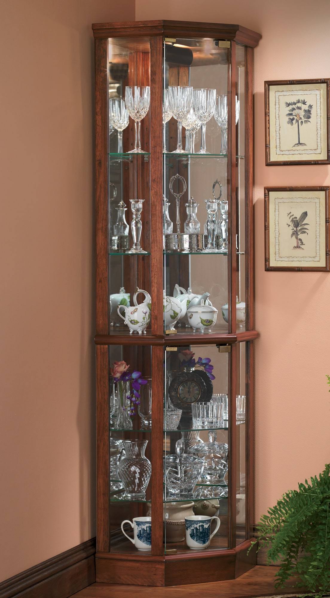 Tessa Lighted Glass Corner Curio Cabinet, Composite, Oak
