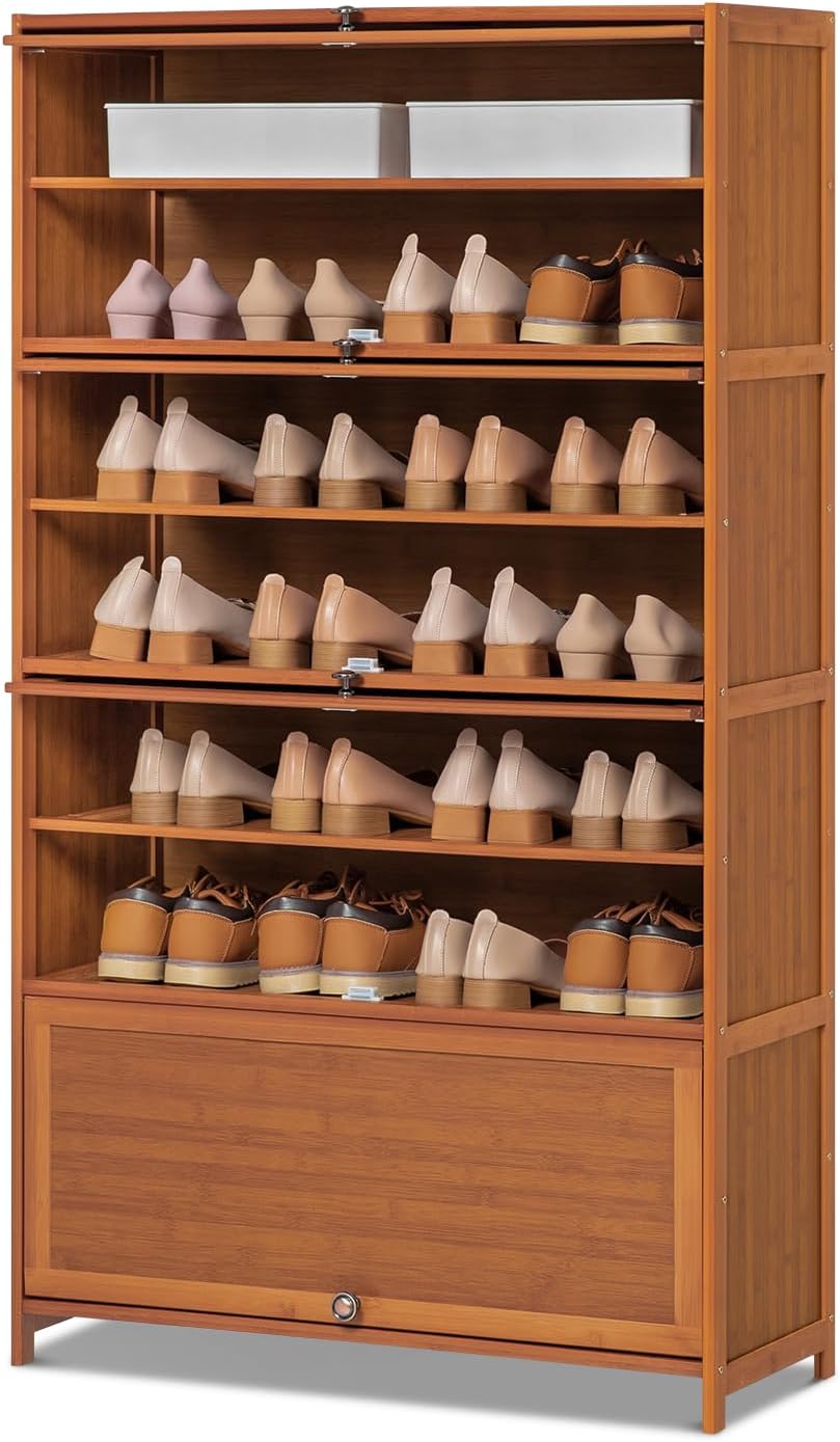 Magshion Bamboo 8 Tier Shoe Storage Cabinet with Flip Doors, Freestanding Shoes Heels Sandals Shelf Rack