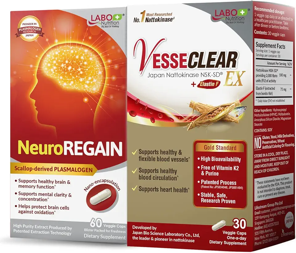 LABO Nutrition VesseCLEAR EX + NeuroREGAIN: Nattokinase NSK-SD, Elastin F for Clean & Flexible Blood Vessel, Cardiovascular & Circulation Support