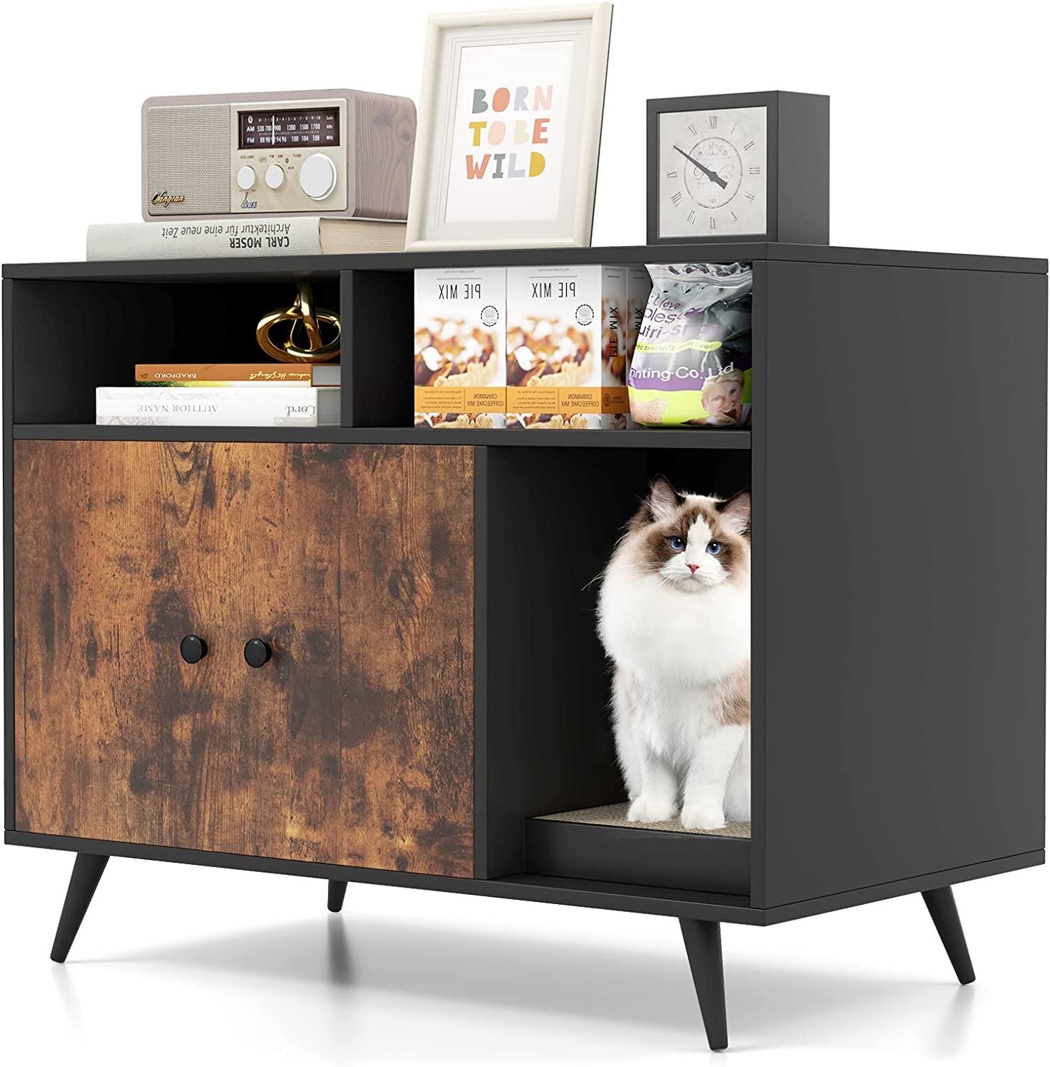 Cat Litter Box Enclosure, Hidden Cat Washroom Furniture with Double Door Cabinet, Compartments & Cat Scratch Pad